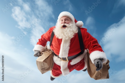 Photo of santa claus flying on the background of sky
