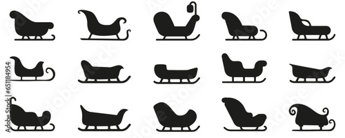 Santa Claus sleigh icons. Christmas sleigh silhouette collection. Sledge of santa claus shapes. Black sleigh silhouettes