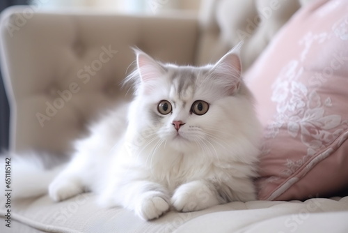 Close up of domestic cat lying on the sofa in the livingroom. Cat relax on the bed at home. Soft pastel colors image