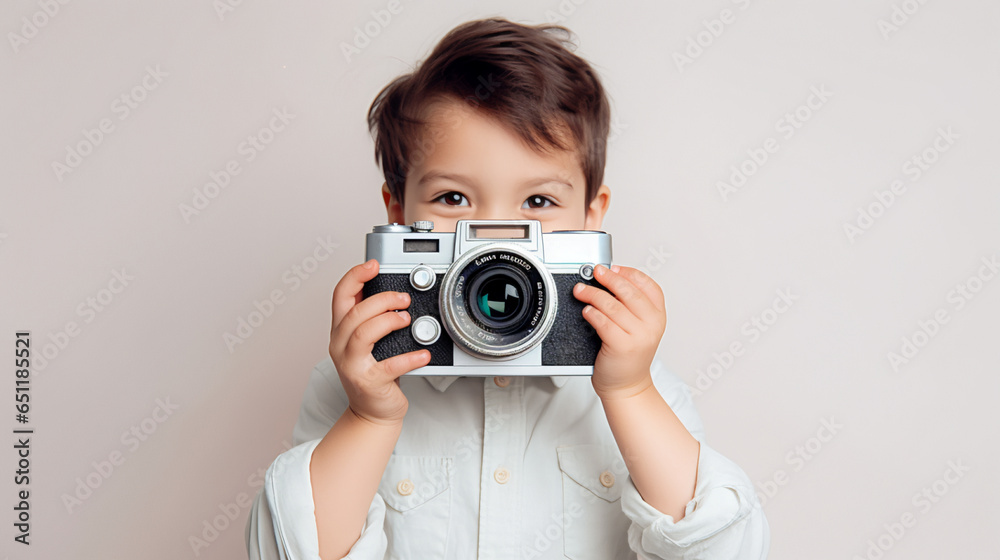 A kid is trying to take photo with the vintage camera, pastel off white background, retro camera A kid is trying to take photo with the vintage camera, pastel off white background, retro camera