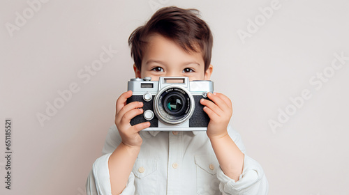 A kid is trying to take photo with the vintage camera, pastel off white background, retro camera
