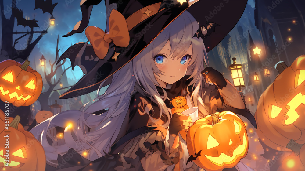 An animated-style cute witch enjoying Halloween in a huge castle. Generative AI An animated-style cute witch enjoying Halloween in a huge castle. Generative AI