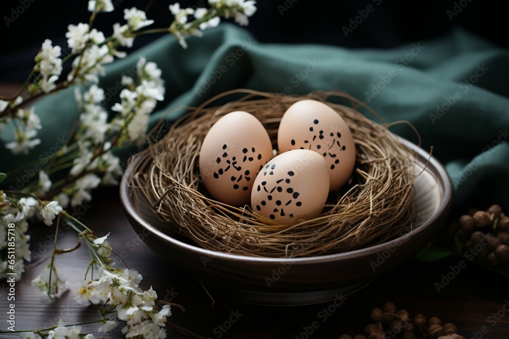 Artistic arrangement eggs nestled in a nest, gracing a rustic tabletop