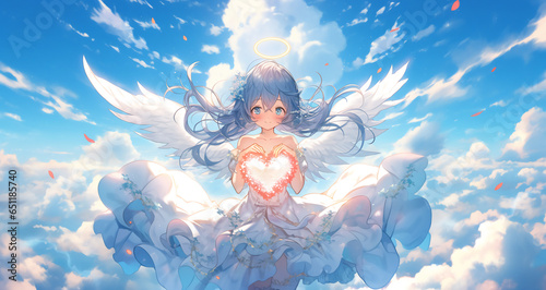 An animation-style cute angel flying in the sky with his wings spread out and holding a cloud of hearts. Generative AI