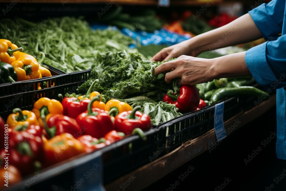 Customer at the market selects a variety of fresh vegetables, shopping locally