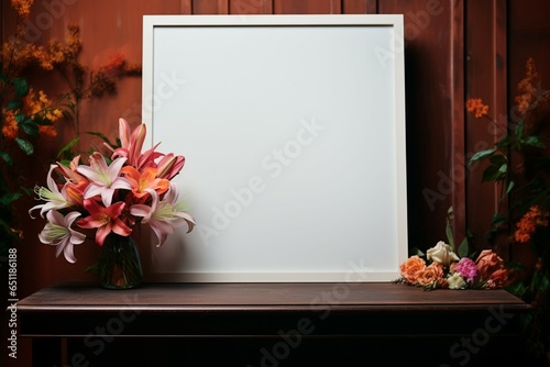 Empty frame adorns a glossy table, nestled beside a vibrant bloom