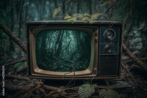 close up photography of an old TV with an old video footage of a hunted forest 
