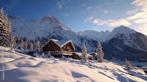 A snow-covered cabin nestled in the majestic mountains