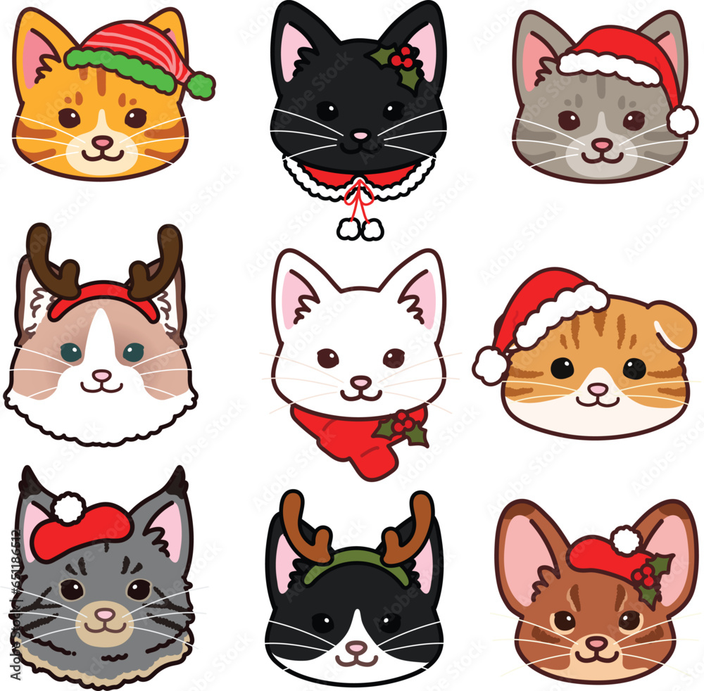 Simple and adorable cats front faces set Christmas version Simple and adorable cats front faces set Christmas version