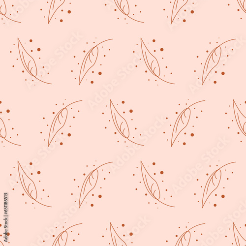 Seamless geometric pattern with brown leaves on pink background. Vector print for fabric background, textile