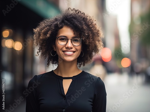 A confident black businesswoman standing outside an office building.