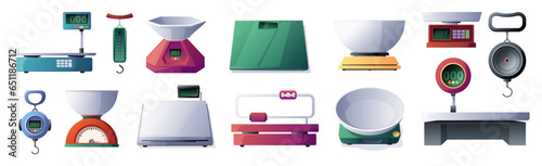 Different scale types. Measuring kitchen scales for weighing mass, scale instruments for body fat, price, equality and justice concept. Vector set. Equipment for weight measurement photo