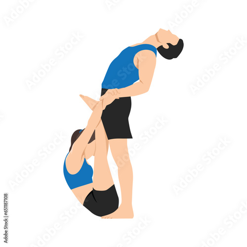 Young couple doing stretching exercises together, yoga, fitness with partner. Flat vector illustration isolated on white background