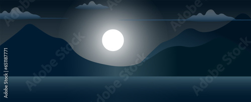 Realistic vector image of nighttime mountain and river landscape with moon across green fields. vector photo