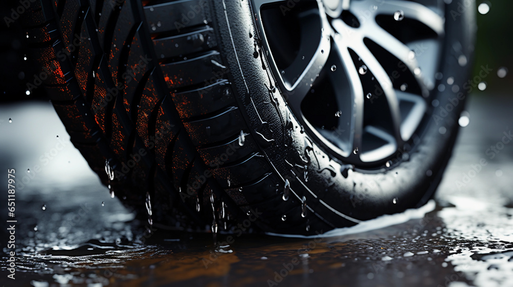 Close up portrait of. a car suv vehicle tire in rainy day, dripping wet wheel with water splash on road - obrazy, fototapety, plakaty 