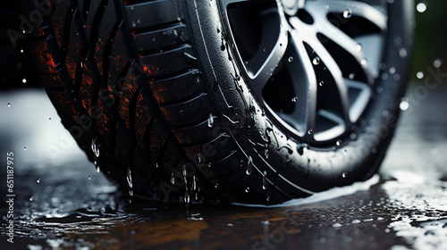 Close up portrait of. a car suv vehicle tire in rainy day, dripping wet wheel with water splash on road photo