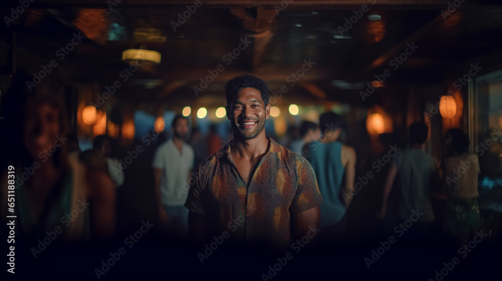 adult man, broad shoulders, African-American or African, dark skin color, summer shirt, in a bar or club