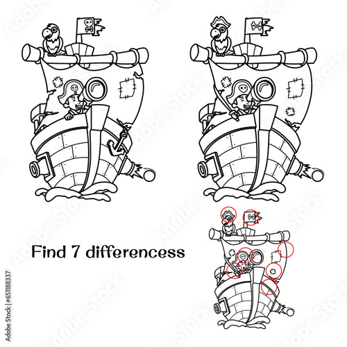 Pirate ship with a pirate and a parrot. Find 7 differences. Tasks for children. vector illustration