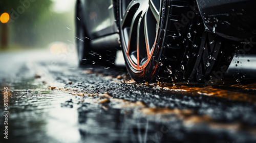 Dripping wet car tires on rainy day, urban city streets with water photo