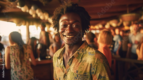 happy smiling adult man, wearing summer shirt, tanned skin color, on tropical vacation on an island