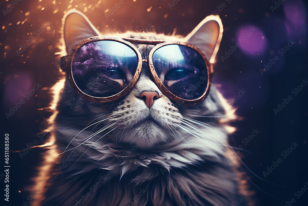 Hipster Cat with glasses in dark background. Fashion art design. Modern, Creative design. Look, vision. Beautiful kitten.