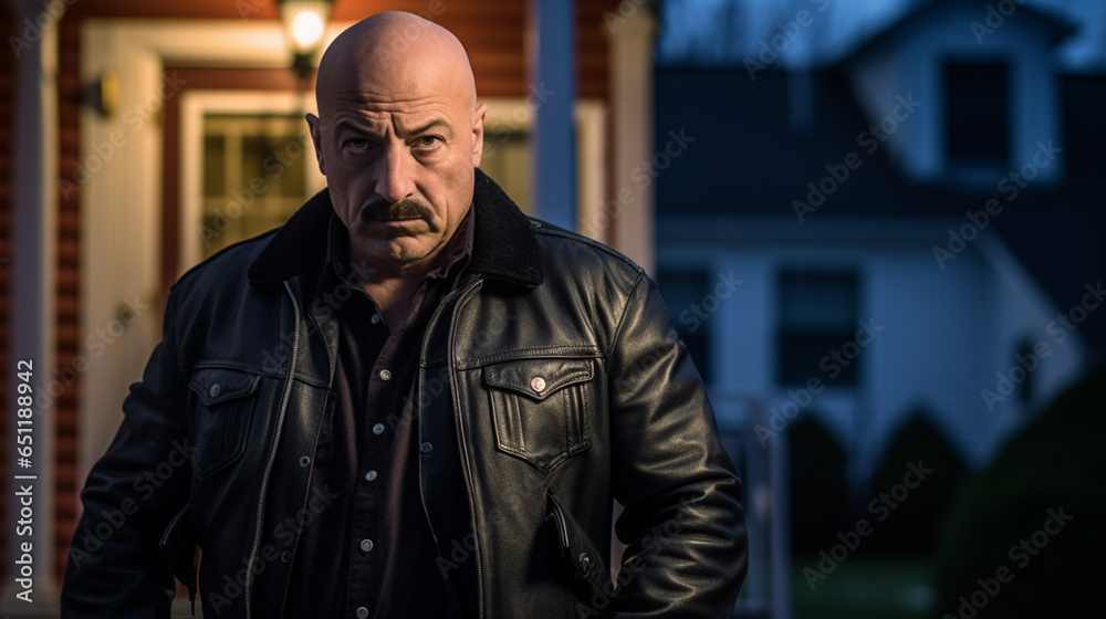 A criminal man with a mustache and bald head, Caucasian, mafia or gang crime or burglar or criminal A criminal man with a mustache and bald head, Caucasian, mafia or gang crime or burglar or criminal