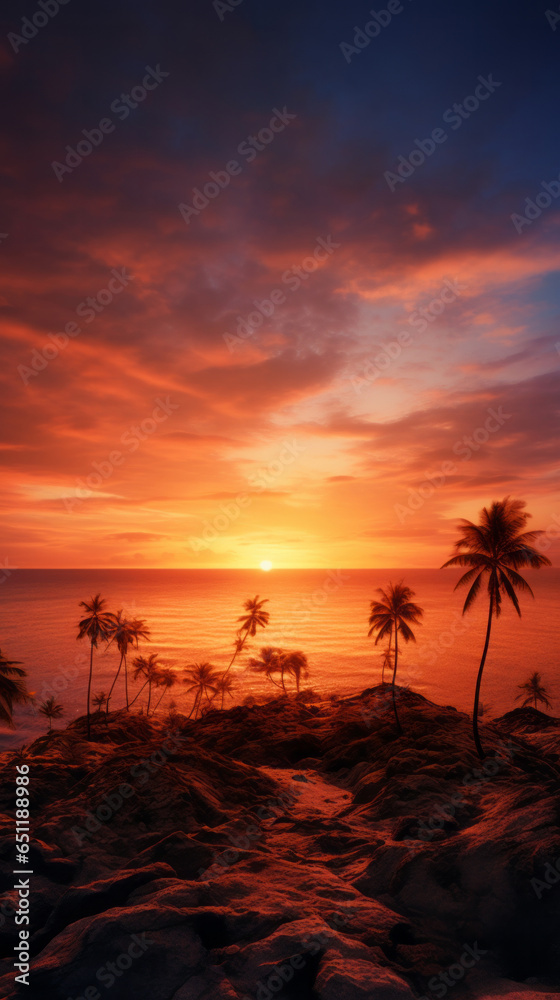 A breathtaking sunset over the ocean with majestic palm trees silhouetted against the colorful sky