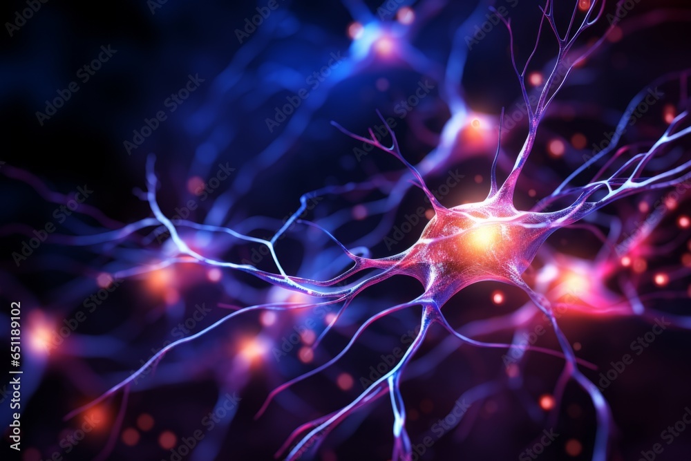 Neuron cells neural network under microscope neuro research science brain signal information transfer human neurology mind mental impulse biology anatomy microbiology intelligence connection system - obrazy, fototapety, plakaty 