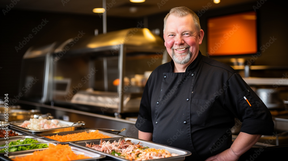 A chef with a dark black apron, cooks and prepares food and dishes, commercial kitchen and food distribution A chef with a dark black apron, cooks and prepares food and dishes, commercial kitchen and food distribution