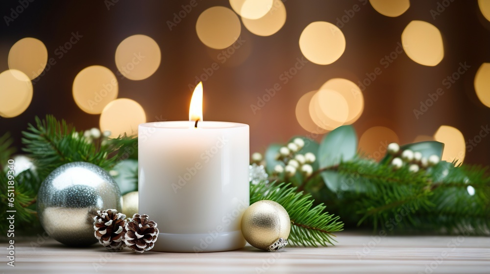  a lit candle surrounded by christmas decorations and lights in the background.  generative ai
