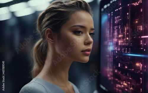 futuristic woman in front of a digital screen, high technology AI concept