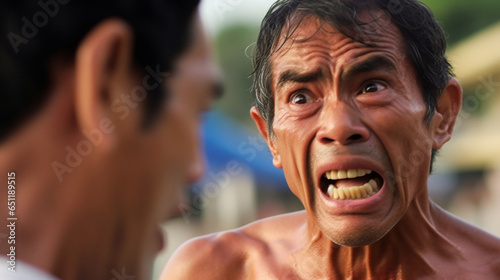 anger and annoyance, an Asian or Indonesian elderly man, gets upset or argues with someone, neighborhood dispute among locals, extremely angry