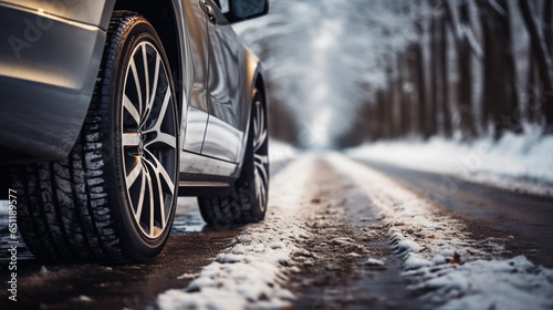 Car tires on winter snowy road covered with snow, low angle side view © amila