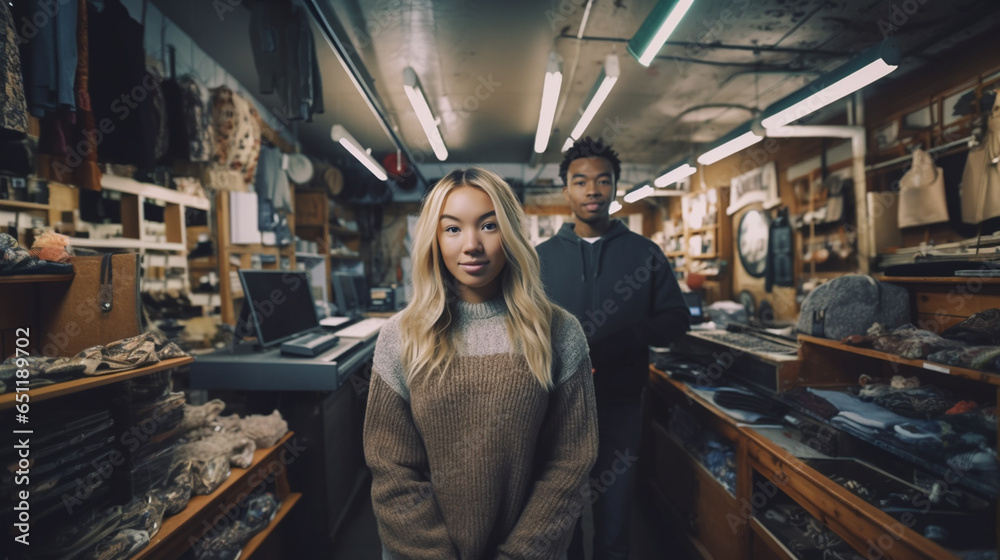 a young adult woman and a man, tanned skin tone, indoor in a small electronics store or repair shop, hacker and hacker or electronics department