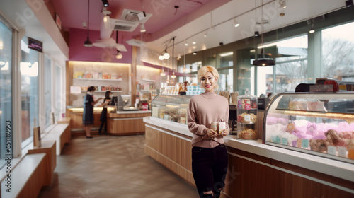 young adult woman Asian or Indonesian or Afro-American, working as a waitress and cashier in a cafe or candy store, pastel pink