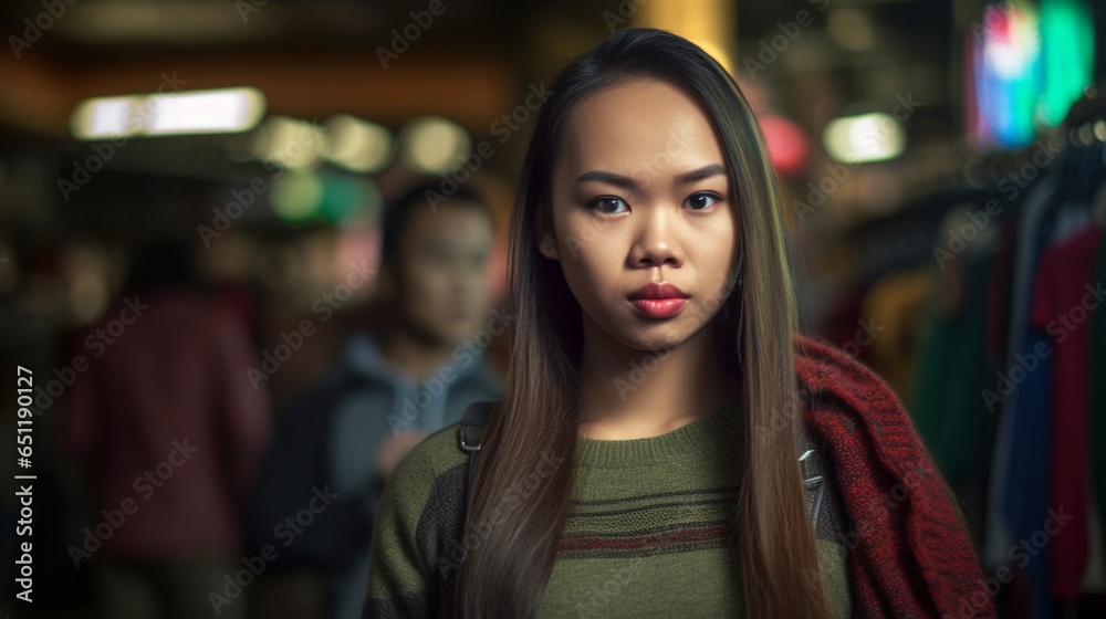 young adult Asian or Indonesian woman wearing school bag and sweater over her shoulder, walking through an interior of an old simple shopping mall with private sellers in the hallway passage