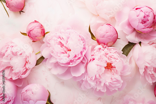 Fototapeta Naklejka Na Ścianę i Meble -  Lush and elegant workspace decor with pink peonies on a marble desk.