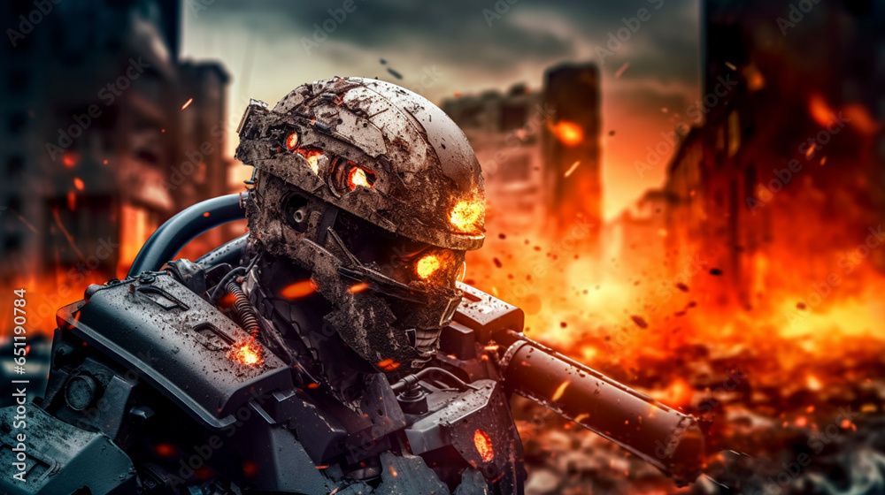 attack on a machine, weapon, black metal skeleton, fire and flames or missile attack and hit, a machine stands in front of the ruins of buildings attack on a machine, weapon, black metal skeleton, fire and flames or missile attack and hit, a machine stands in front of the ruins of buildings