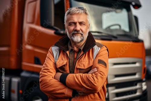 Logistic center cargo trucks transportation shipping lorry delivery freight road. Portrait man driver driving truck car ready travel. Carrier warehouse storage vehicle load shipment delivery transport © Yuliia