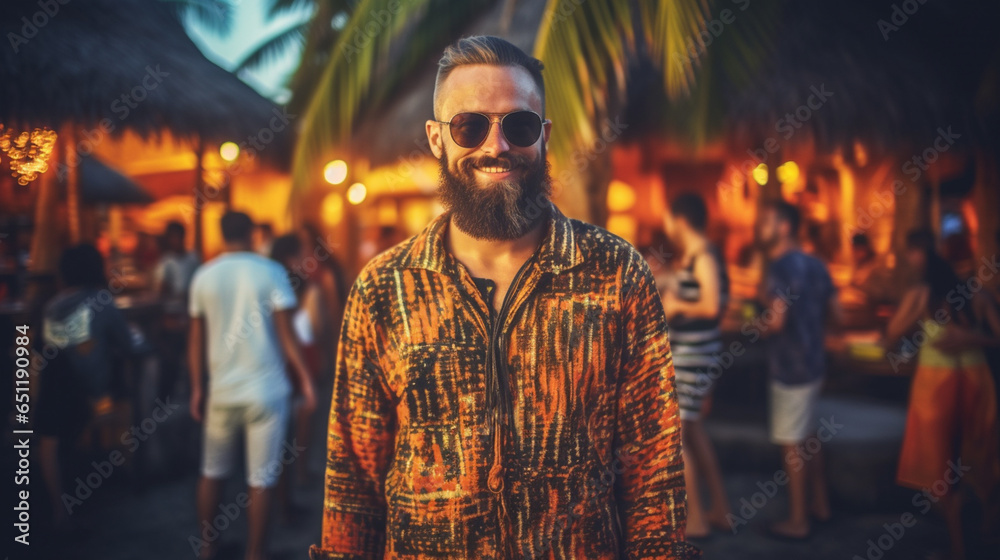 A mature adult man with a long beard and sunglasses, wearing summer shirt, in a tropical place A mature adult man with a long beard and sunglasses, wearing summer shirt, in a tropical place