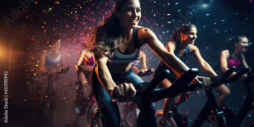 Attractive young women riding stationary indoor bikes on cycling class.