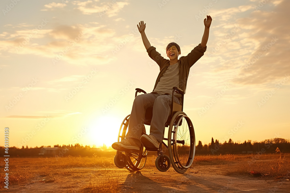 Happy boy with raised hands sitting on wheelchair and enjoying sunset outdoors. Happy boy with raised hands sitting on wheelchair and enjoying sunset outdoors.