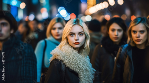 A young adult woman is alone in a city, in the crowd on the sidewalk, big city vibe and anonymity
