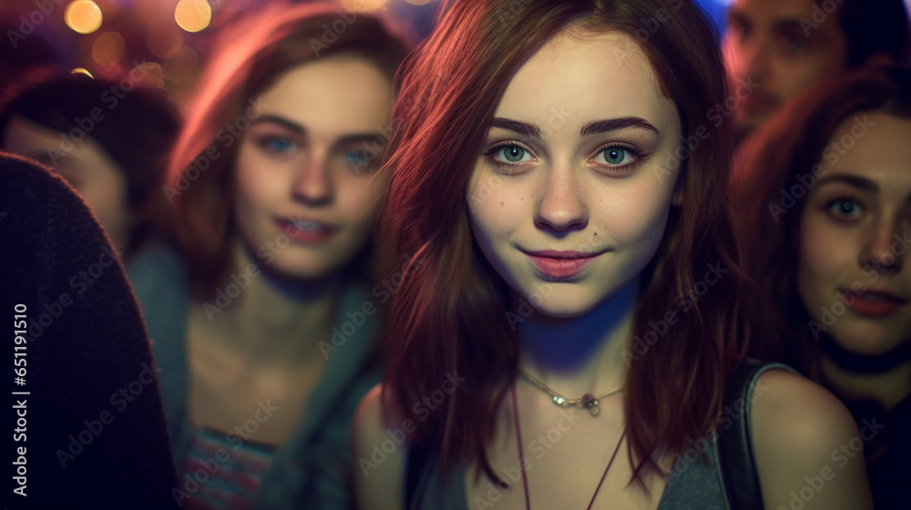 in a club or bar or disco, teenage girl with red-brown hair, with friends in a group on the dance floor