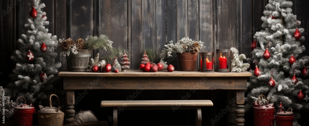 Christmas, New Year interior with red brick wall background, decorated fir tree with garlands and balls, dark drawer.