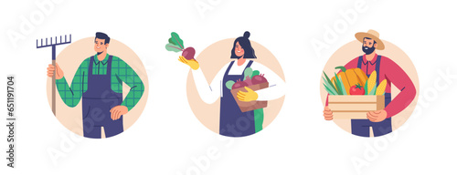 Farming and agriculture, harvesting. Characters dressed In work clothes with fresh vegetables and tools. Agriculture farm workers. Vector illustration for mobile and web graphics.