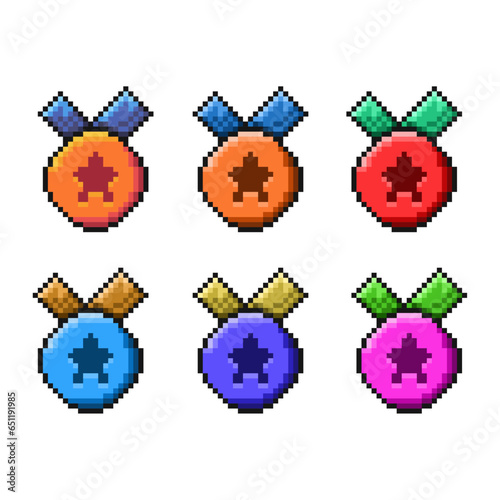 Pixel art sets of star badge with variation color items asset. simple star badge on pixelated style.8bits perfect for game asset or design asset element for your game design asset.
