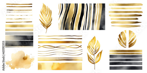 Abstract modern print set of gold and black watercolor lines and stripes elements on white background