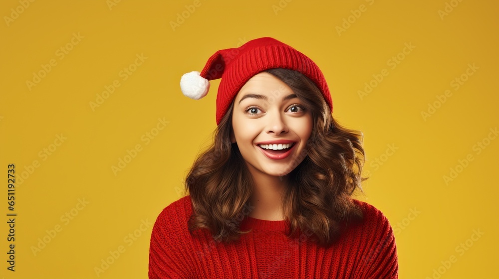 Funny pretty lady celebrate winter holiday wear red in yellow background Funny pretty lady celebrate winter holiday wear red in yellow background