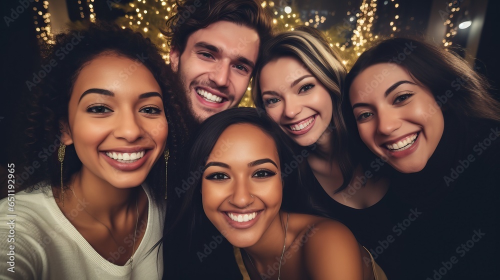 Fototapeta premium Portrait of smiling young multiracial, friend in christmas party